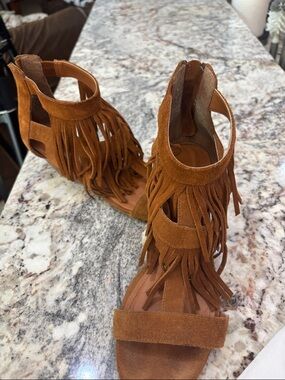 Steve Madden Tan Suede Fringe Heeled Sandals